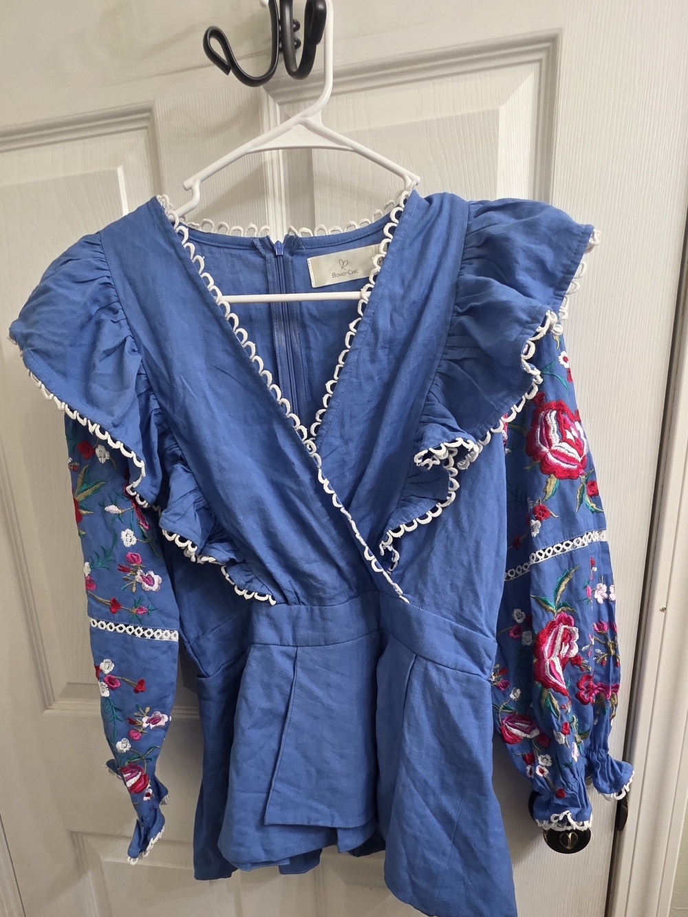Blue Floral-Embroidered Ruffle Peplum Blouse